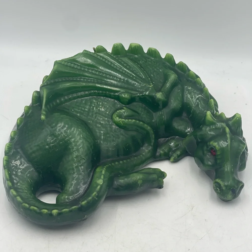 Vintage Unburnt Wax Candle Mythical Green Dragon Shaped Reptile w/Red Glass Eyes